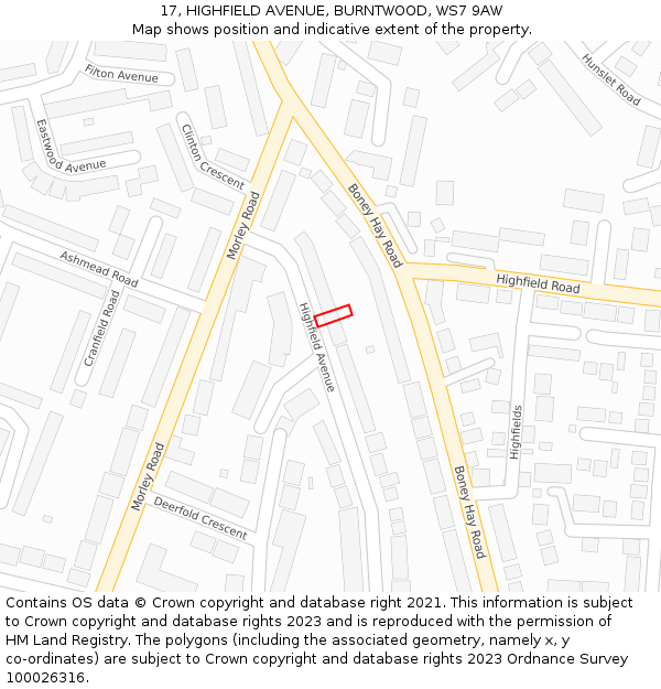 17, HIGHFIELD AVENUE, BURNTWOOD, WS7 9AW: Location map and indicative extent of plot