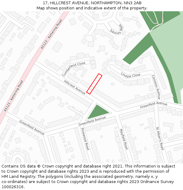 17, HILLCREST AVENUE, NORTHAMPTON, NN3 2AB: Location map and indicative extent of plot