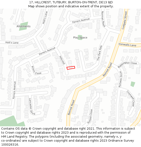 17, HILLCREST, TUTBURY, BURTON-ON-TRENT, DE13 9JD: Location map and indicative extent of plot