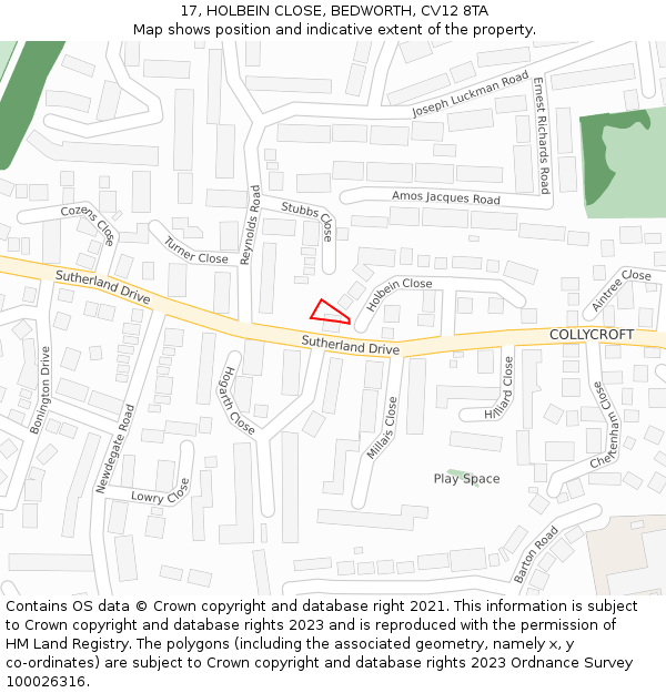 17, HOLBEIN CLOSE, BEDWORTH, CV12 8TA: Location map and indicative extent of plot