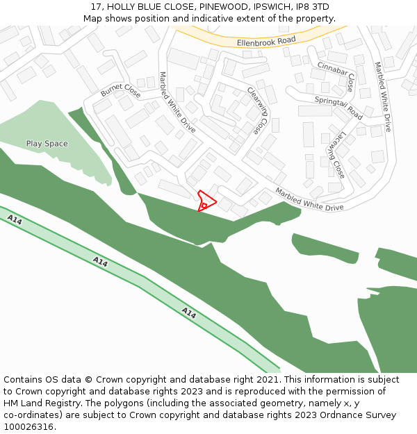 17, HOLLY BLUE CLOSE, PINEWOOD, IPSWICH, IP8 3TD: Location map and indicative extent of plot
