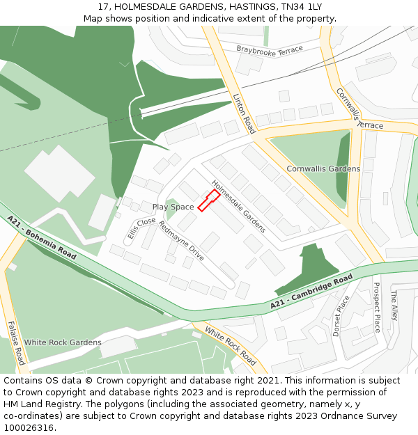 17, HOLMESDALE GARDENS, HASTINGS, TN34 1LY: Location map and indicative extent of plot
