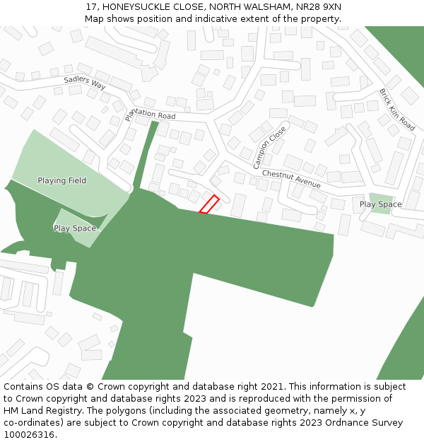17, HONEYSUCKLE CLOSE, NORTH WALSHAM, NR28 9XN: Location map and indicative extent of plot