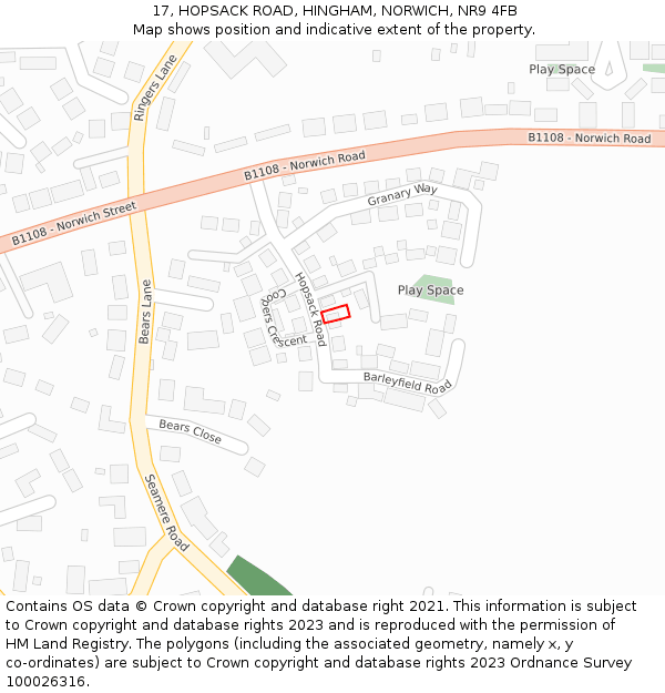 17, HOPSACK ROAD, HINGHAM, NORWICH, NR9 4FB: Location map and indicative extent of plot