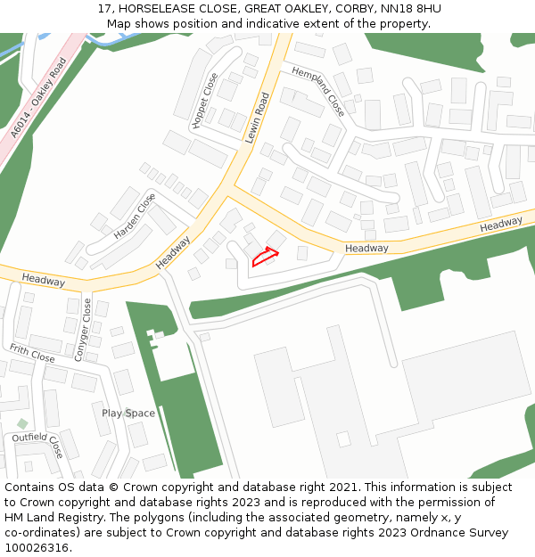 17, HORSELEASE CLOSE, GREAT OAKLEY, CORBY, NN18 8HU: Location map and indicative extent of plot