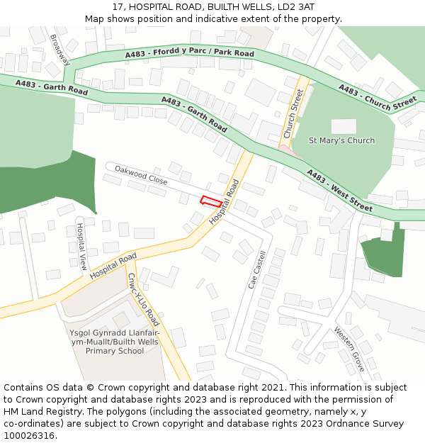 17, HOSPITAL ROAD, BUILTH WELLS, LD2 3AT: Location map and indicative extent of plot