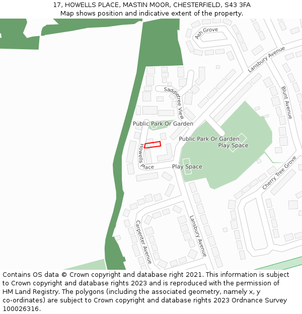 17, HOWELLS PLACE, MASTIN MOOR, CHESTERFIELD, S43 3FA: Location map and indicative extent of plot