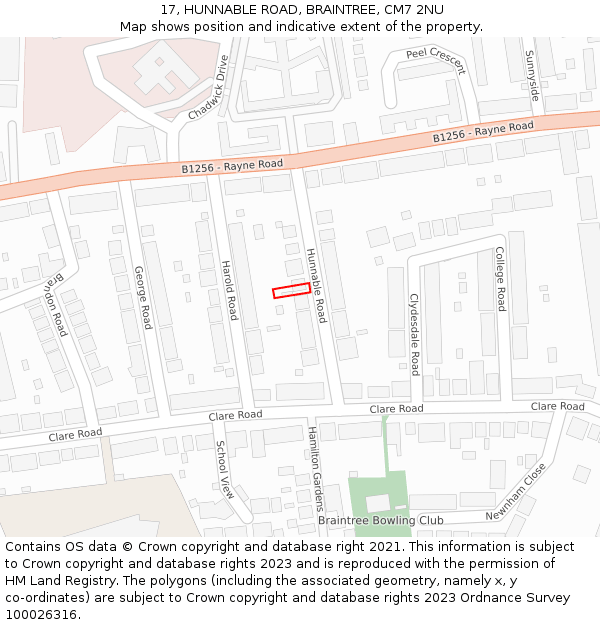 17, HUNNABLE ROAD, BRAINTREE, CM7 2NU: Location map and indicative extent of plot