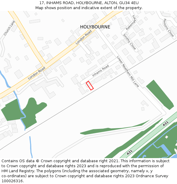 17, INHAMS ROAD, HOLYBOURNE, ALTON, GU34 4EU: Location map and indicative extent of plot