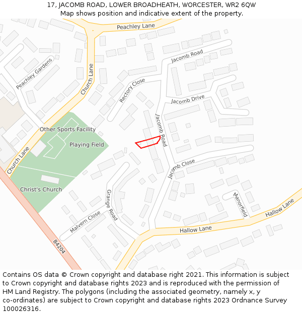 17, JACOMB ROAD, LOWER BROADHEATH, WORCESTER, WR2 6QW: Location map and indicative extent of plot