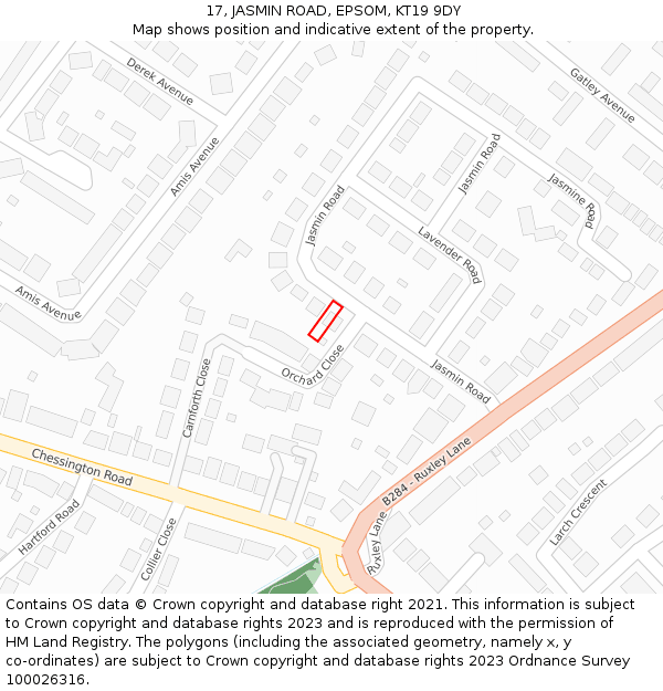 17, JASMIN ROAD, EPSOM, KT19 9DY: Location map and indicative extent of plot