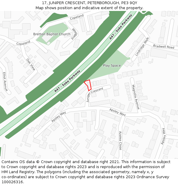 17, JUNIPER CRESCENT, PETERBOROUGH, PE3 9QY: Location map and indicative extent of plot