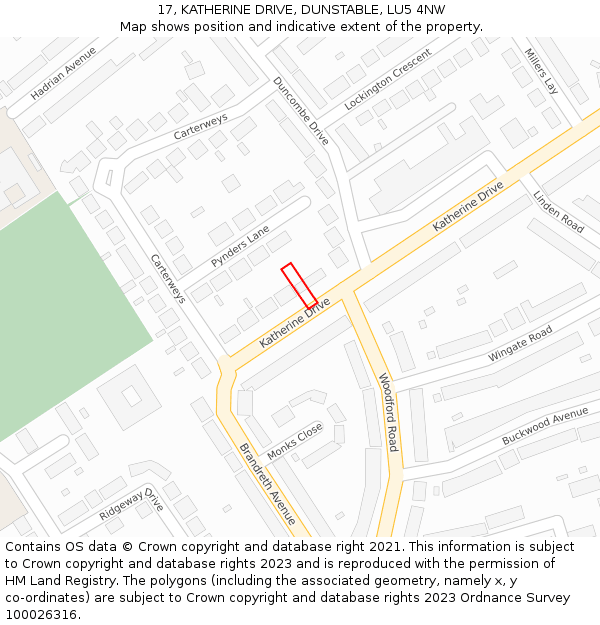 17, KATHERINE DRIVE, DUNSTABLE, LU5 4NW: Location map and indicative extent of plot