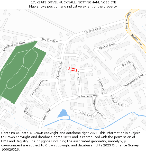 17, KEATS DRIVE, HUCKNALL, NOTTINGHAM, NG15 6TE: Location map and indicative extent of plot
