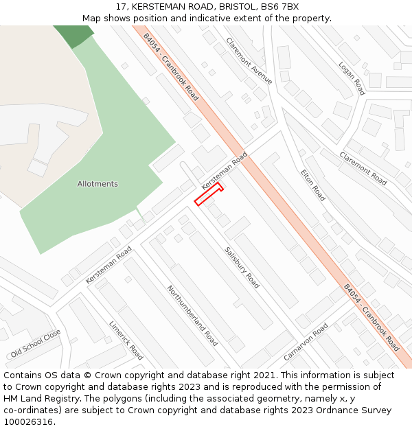 17, KERSTEMAN ROAD, BRISTOL, BS6 7BX: Location map and indicative extent of plot