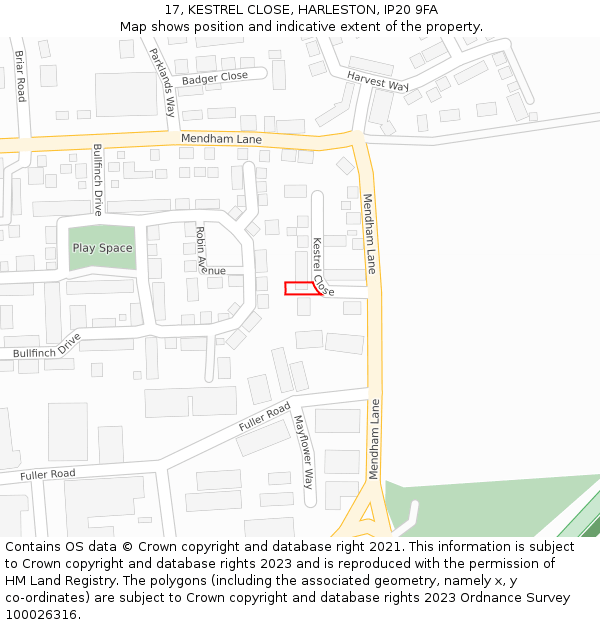 17, KESTREL CLOSE, HARLESTON, IP20 9FA: Location map and indicative extent of plot