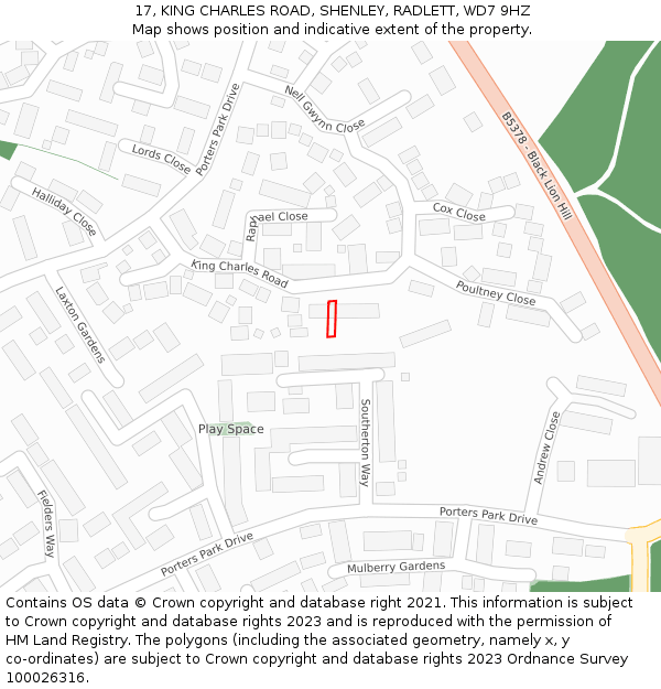17, KING CHARLES ROAD, SHENLEY, RADLETT, WD7 9HZ: Location map and indicative extent of plot