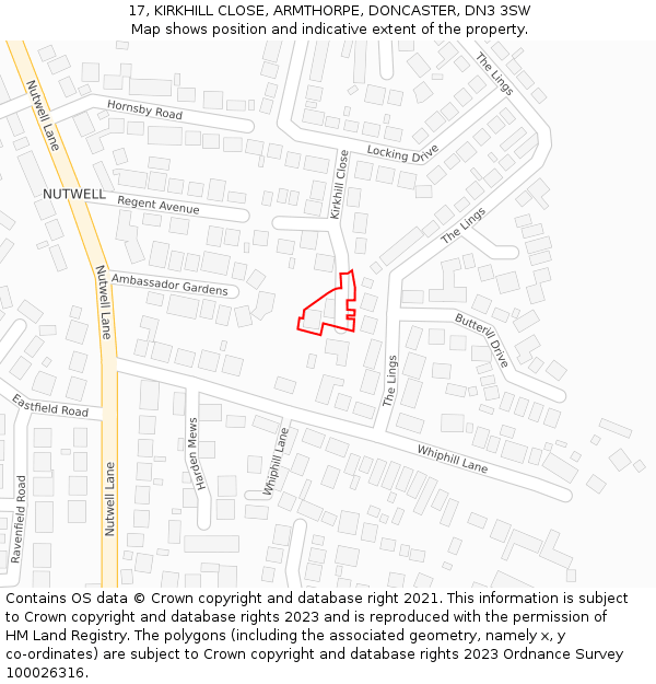 17, KIRKHILL CLOSE, ARMTHORPE, DONCASTER, DN3 3SW: Location map and indicative extent of plot