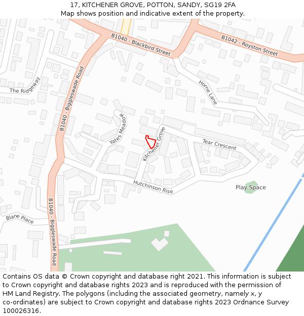 17, KITCHENER GROVE, POTTON, SANDY, SG19 2FA: Location map and indicative extent of plot