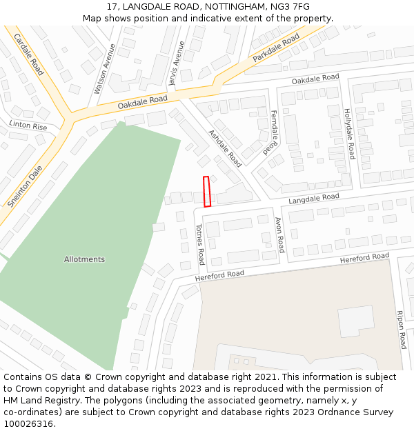 17, LANGDALE ROAD, NOTTINGHAM, NG3 7FG: Location map and indicative extent of plot