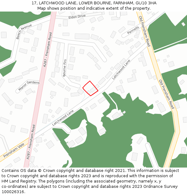 17, LATCHWOOD LANE, LOWER BOURNE, FARNHAM, GU10 3HA: Location map and indicative extent of plot