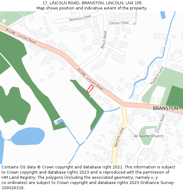 17, LINCOLN ROAD, BRANSTON, LINCOLN, LN4 1PE: Location map and indicative extent of plot