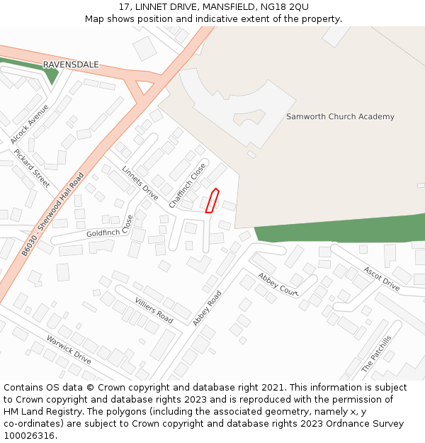 17, LINNET DRIVE, MANSFIELD, NG18 2QU: Location map and indicative extent of plot