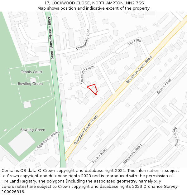 17, LOCKWOOD CLOSE, NORTHAMPTON, NN2 7SS: Location map and indicative extent of plot