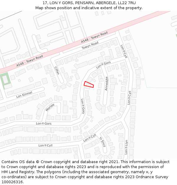 17, LON Y GORS, PENSARN, ABERGELE, LL22 7RU: Location map and indicative extent of plot