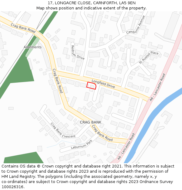 17, LONGACRE CLOSE, CARNFORTH, LA5 9EN: Location map and indicative extent of plot