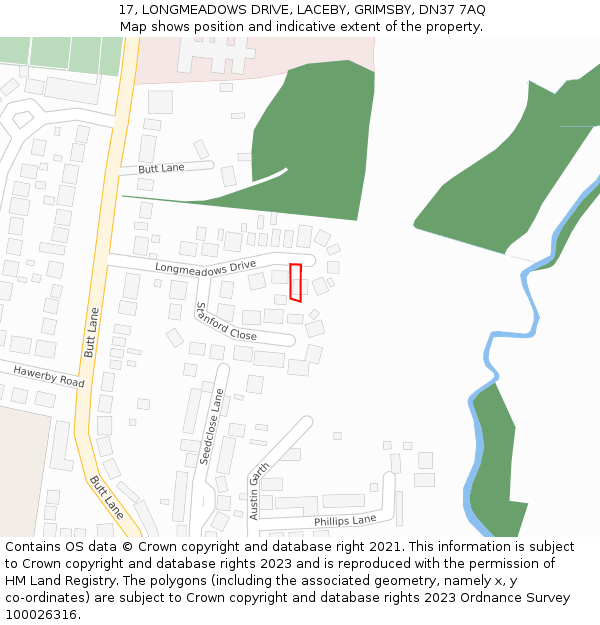 17, LONGMEADOWS DRIVE, LACEBY, GRIMSBY, DN37 7AQ: Location map and indicative extent of plot