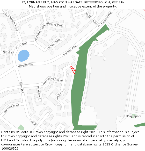 17, LORNAS FIELD, HAMPTON HARGATE, PETERBOROUGH, PE7 8AY: Location map and indicative extent of plot