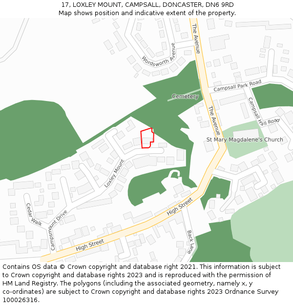 17, LOXLEY MOUNT, CAMPSALL, DONCASTER, DN6 9RD: Location map and indicative extent of plot