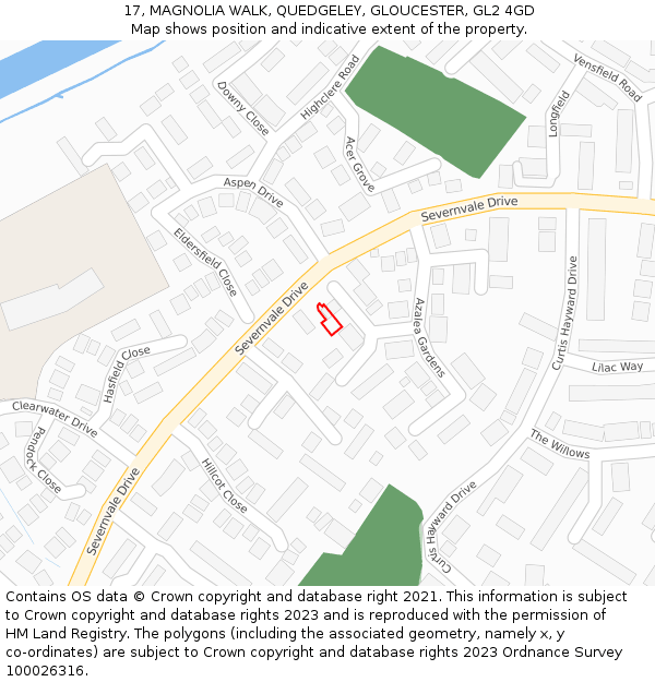 17, MAGNOLIA WALK, QUEDGELEY, GLOUCESTER, GL2 4GD: Location map and indicative extent of plot