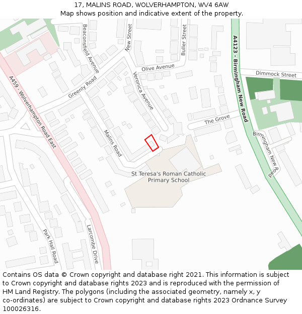 17, MALINS ROAD, WOLVERHAMPTON, WV4 6AW: Location map and indicative extent of plot