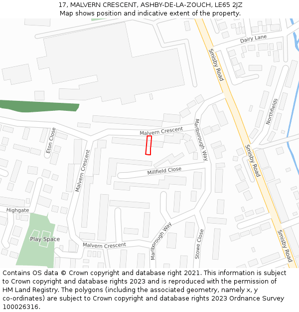 17, MALVERN CRESCENT, ASHBY-DE-LA-ZOUCH, LE65 2JZ: Location map and indicative extent of plot