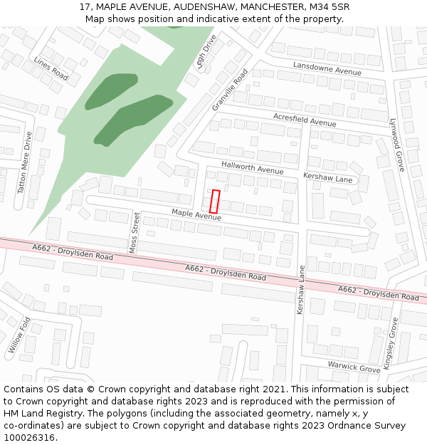 17, MAPLE AVENUE, AUDENSHAW, MANCHESTER, M34 5SR: Location map and indicative extent of plot