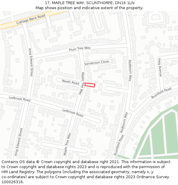 17, MAPLE TREE WAY, SCUNTHORPE, DN16 1LN: Location map and indicative extent of plot