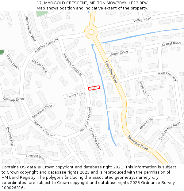 17, MARIGOLD CRESCENT, MELTON MOWBRAY, LE13 0FW: Location map and indicative extent of plot