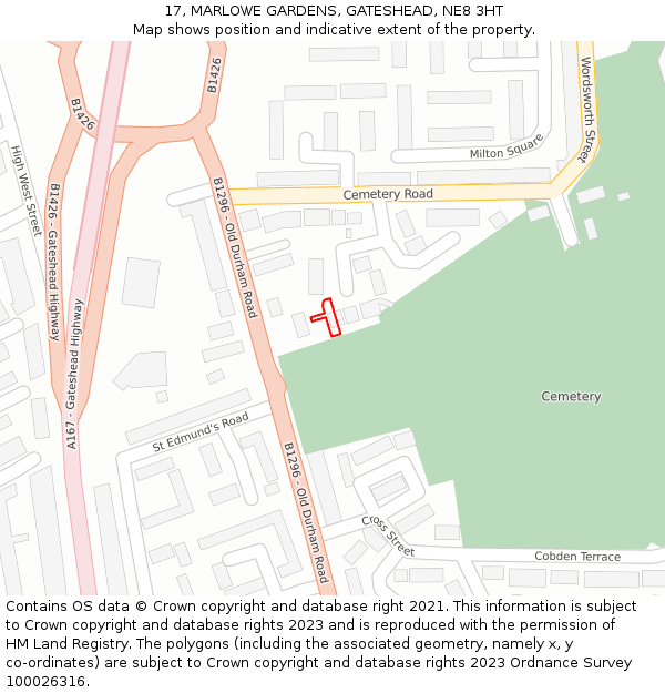 17, MARLOWE GARDENS, GATESHEAD, NE8 3HT: Location map and indicative extent of plot