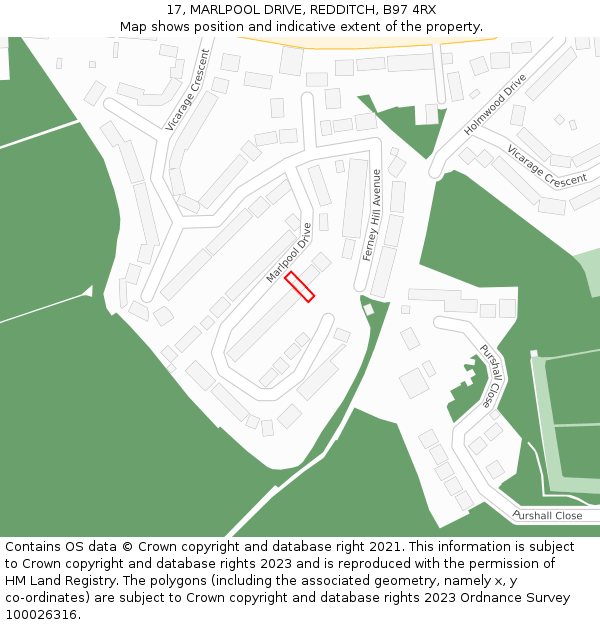 17, MARLPOOL DRIVE, REDDITCH, B97 4RX: Location map and indicative extent of plot
