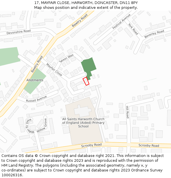 17, MAYFAIR CLOSE, HARWORTH, DONCASTER, DN11 8PY: Location map and indicative extent of plot