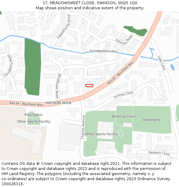 17, MEADOWSWEET CLOSE, SWINDON, SN25 1QX: Location map and indicative extent of plot