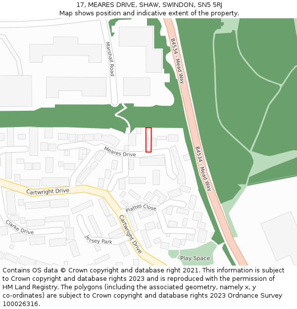 17, MEARES DRIVE, SHAW, SWINDON, SN5 5RJ: Location map and indicative extent of plot