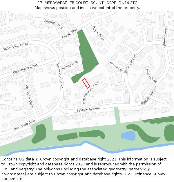 17, MERRYWEATHER COURT, SCUNTHORPE, DN16 3TG: Location map and indicative extent of plot
