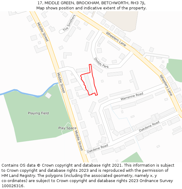 17, MIDDLE GREEN, BROCKHAM, BETCHWORTH, RH3 7JL: Location map and indicative extent of plot