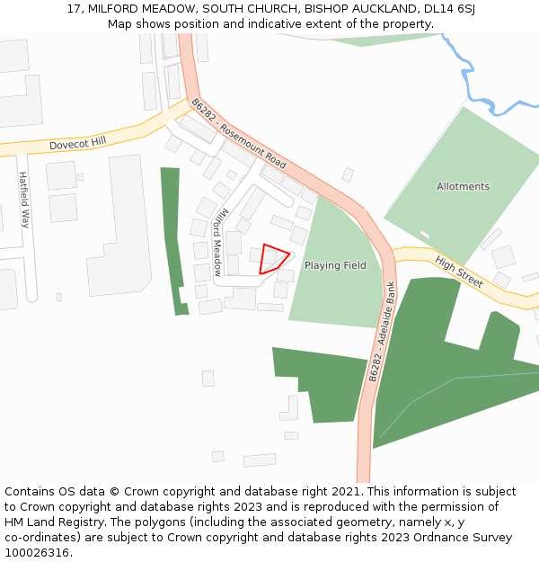 17, MILFORD MEADOW, SOUTH CHURCH, BISHOP AUCKLAND, DL14 6SJ: Location map and indicative extent of plot