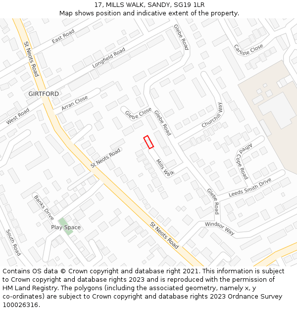 17, MILLS WALK, SANDY, SG19 1LR: Location map and indicative extent of plot
