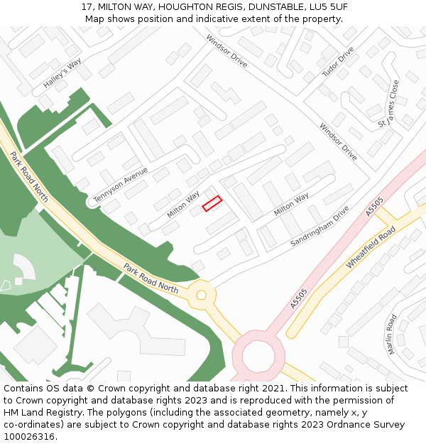 17, MILTON WAY, HOUGHTON REGIS, DUNSTABLE, LU5 5UF: Location map and indicative extent of plot