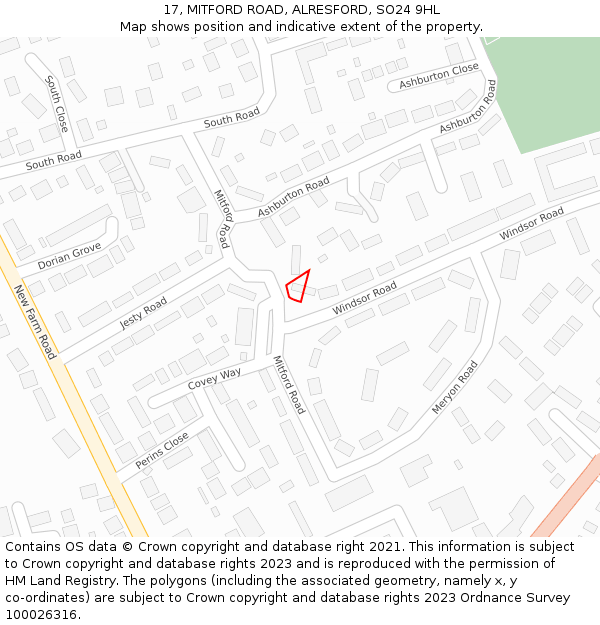 17, MITFORD ROAD, ALRESFORD, SO24 9HL: Location map and indicative extent of plot